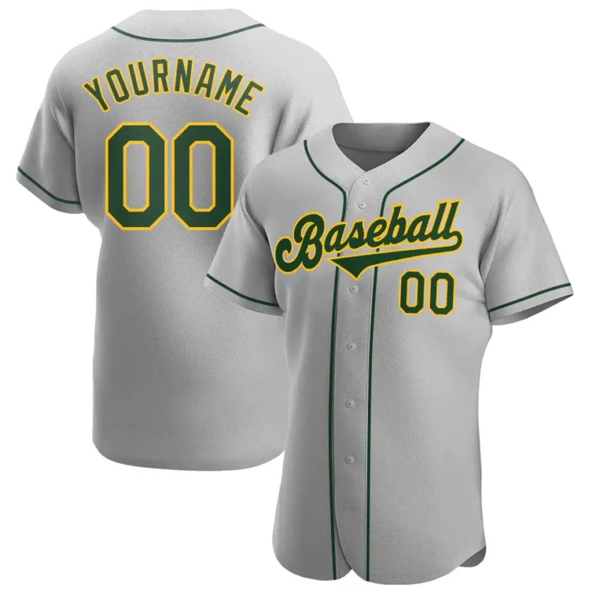 Custom Gray Baseball Jersey with Green Gold 3