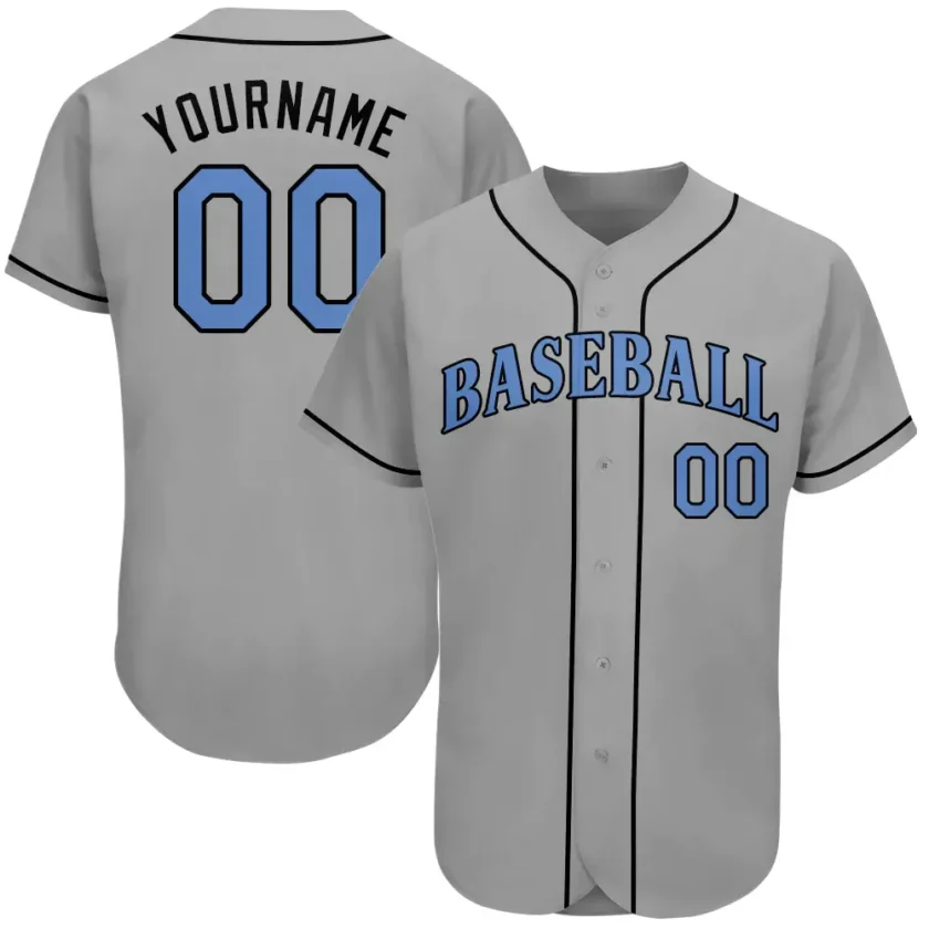 Custom Gray Baseball Jersey with Light Blue Black