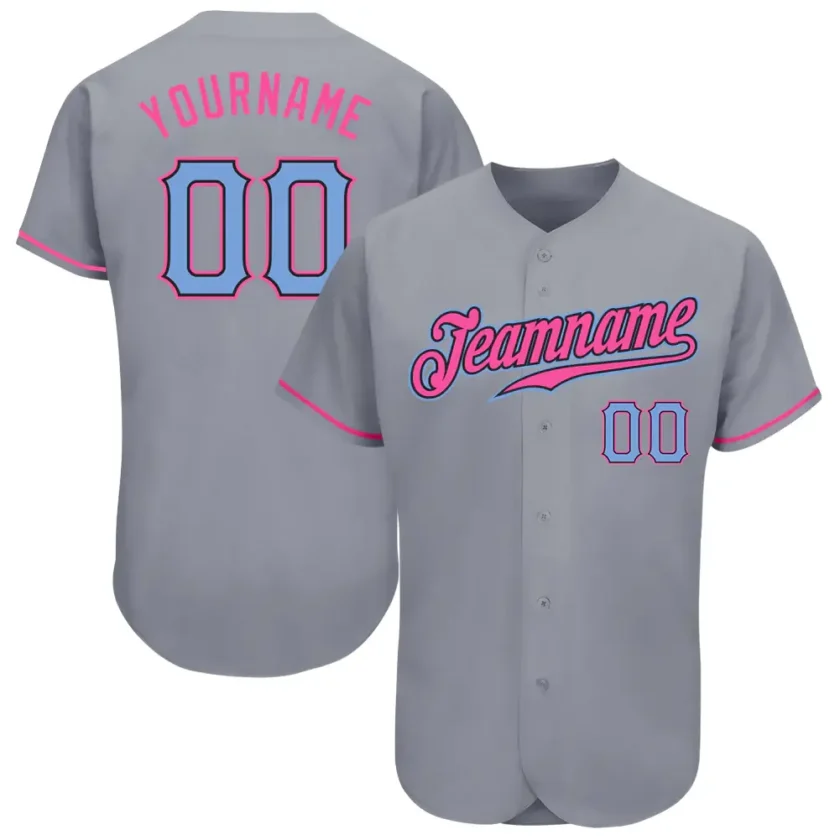 Custom Gray Baseball Jersey with Light Blue Pink