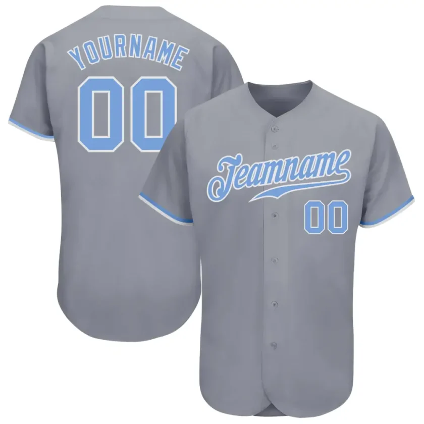 Custom Gray Baseball Jersey with Light Blue White