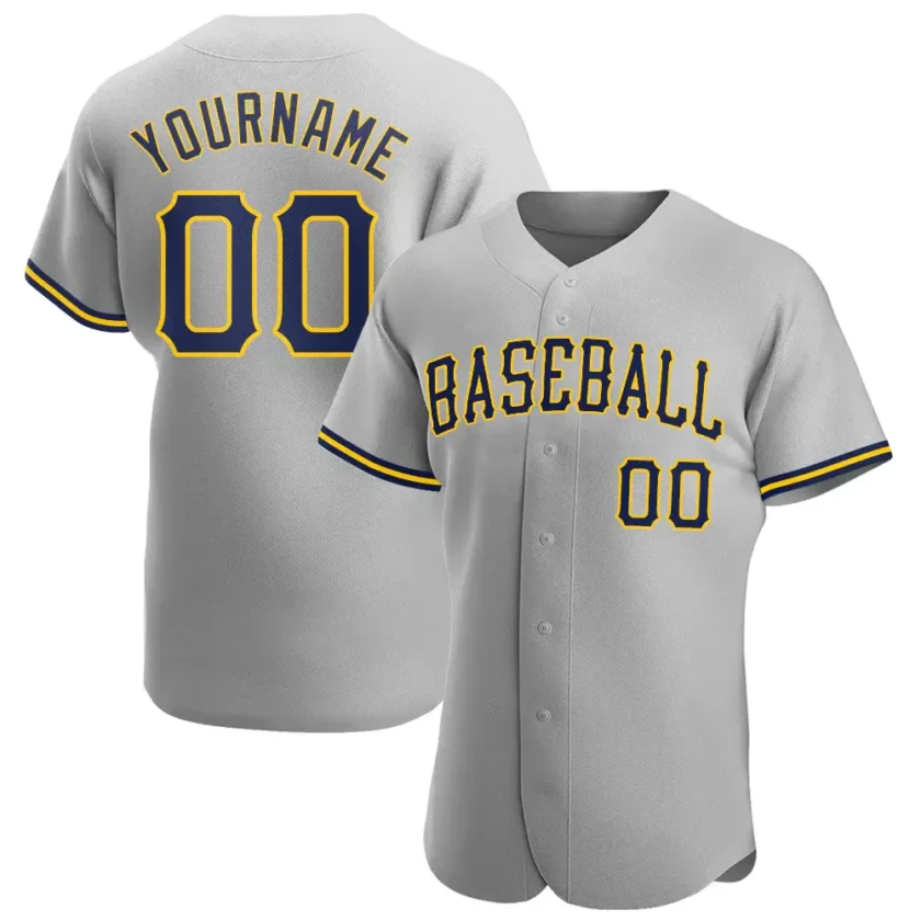 Custom Gray Baseball Jersey with Navy Gold 3
