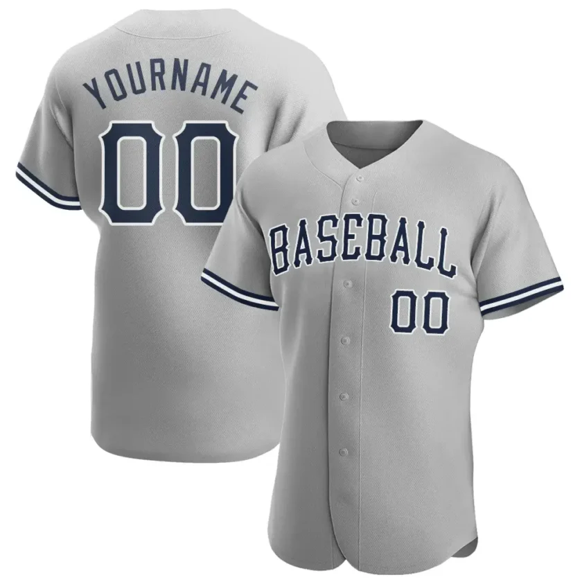 Custom Gray Baseball Jersey with Navy White 6