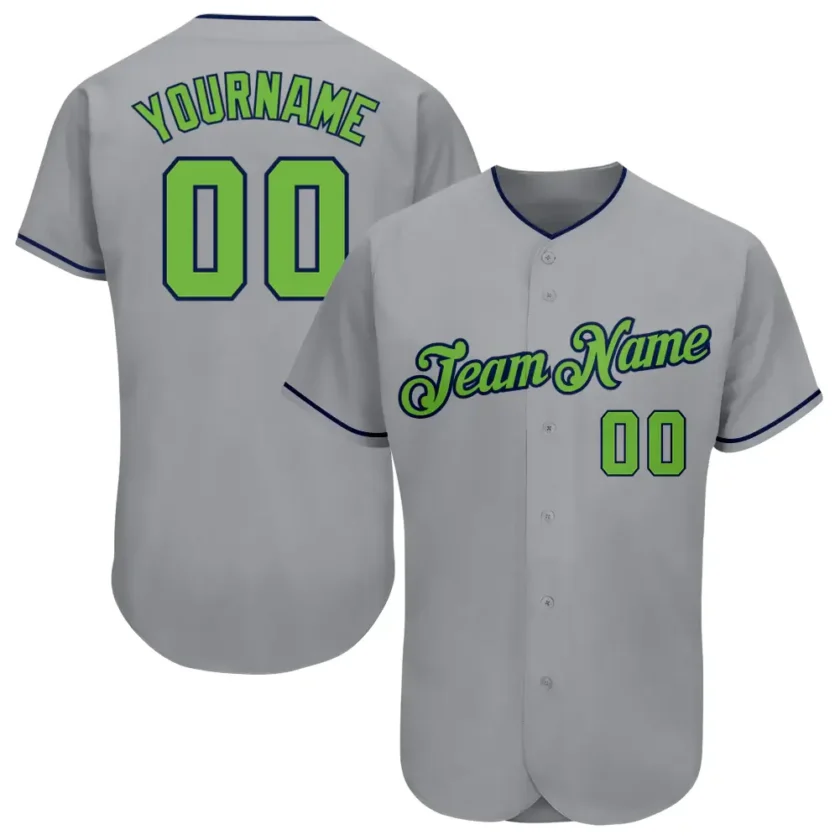 Custom Gray Baseball Jersey with Neon Green Navy
