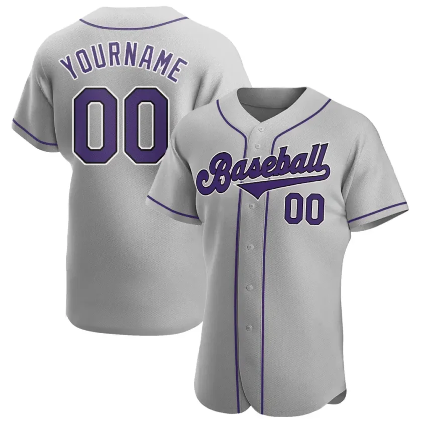 Custom Gray Baseball Jersey with Purple Black