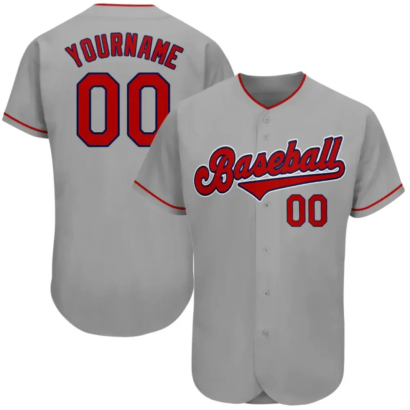 Custom Gray Baseball Jersey with Red Navy 18