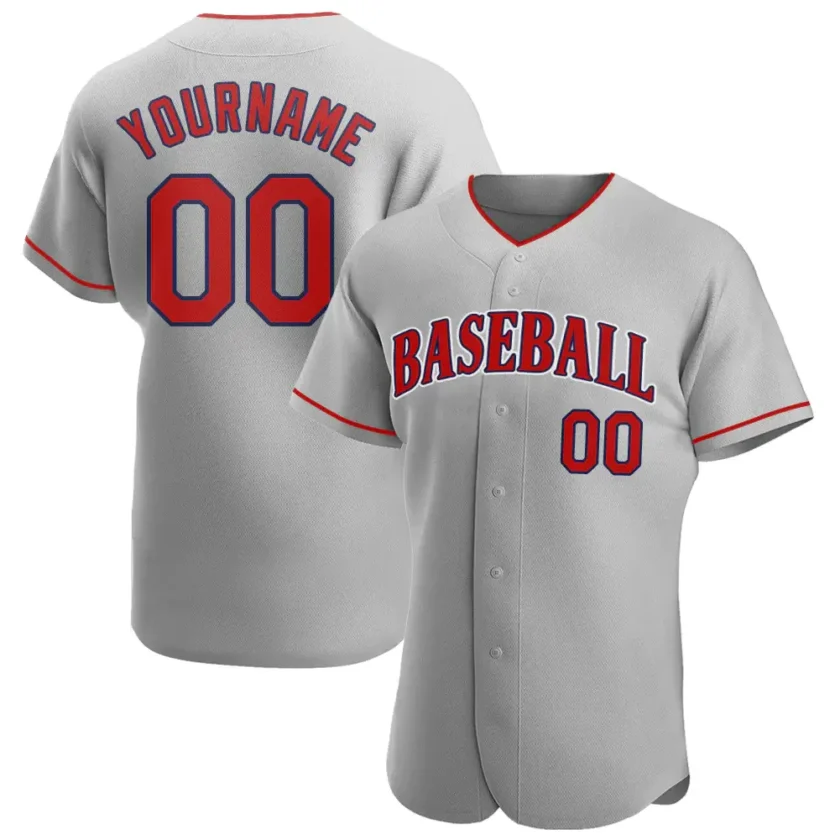 Custom Gray Baseball Jersey with Red Navy 4