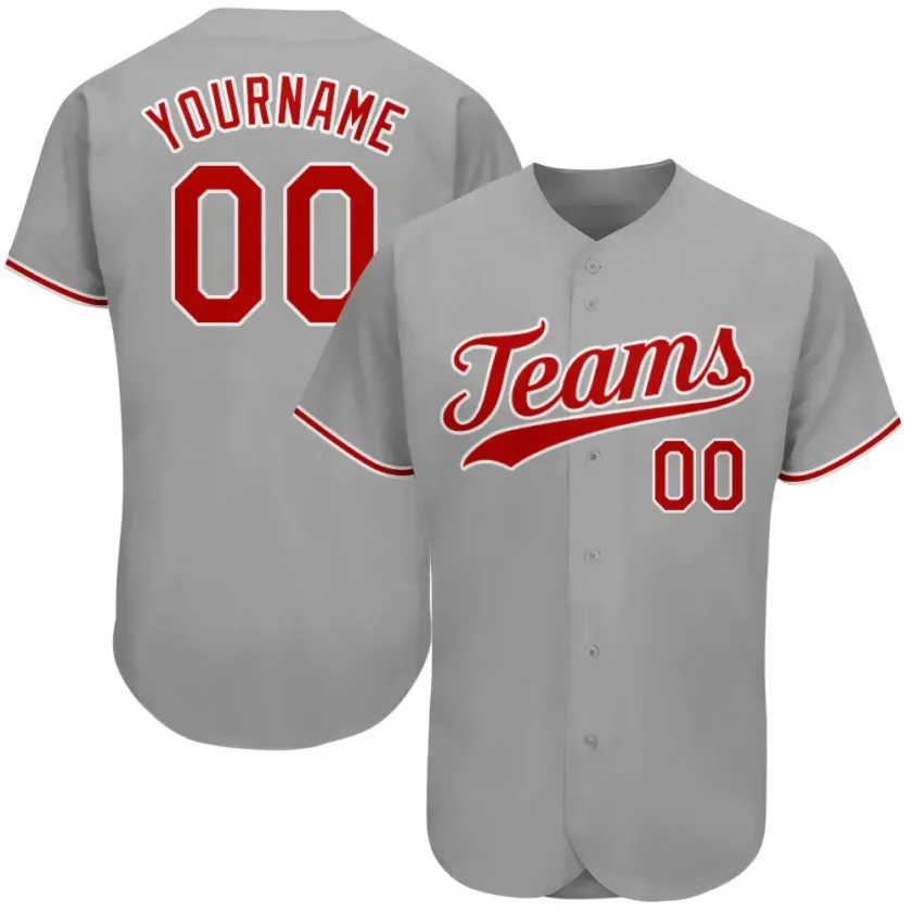 Custom Gray Baseball Jersey with Red White 3