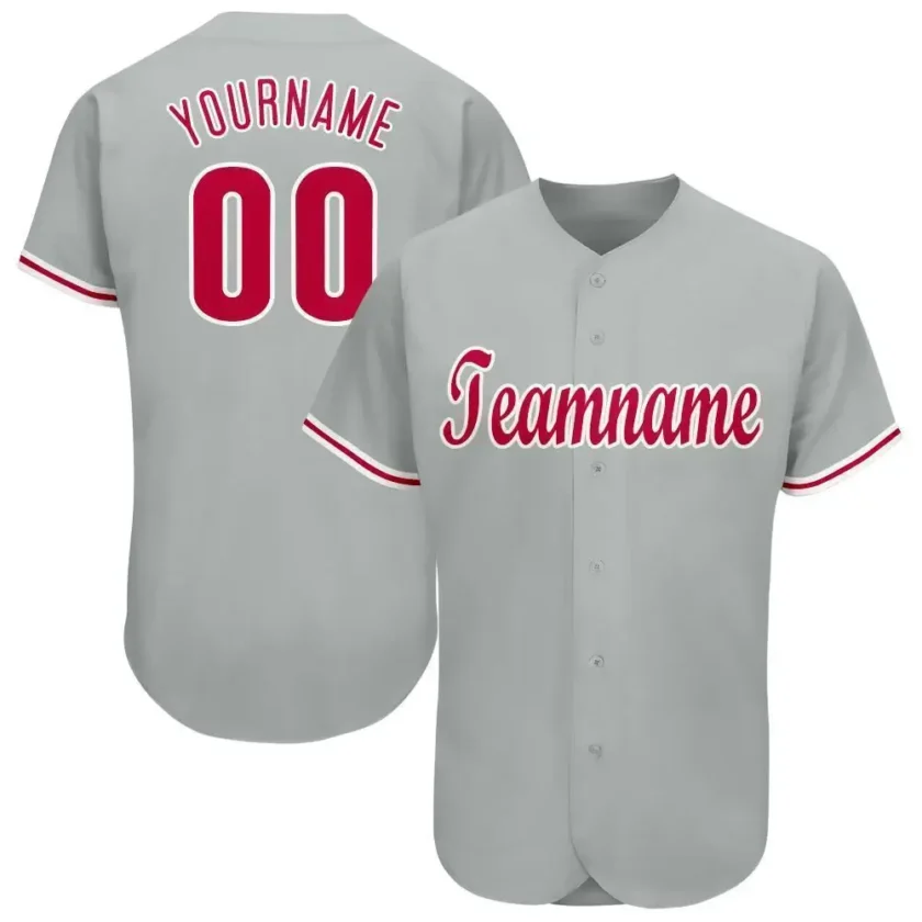 Custom Gray Baseball Jersey with Red White 5