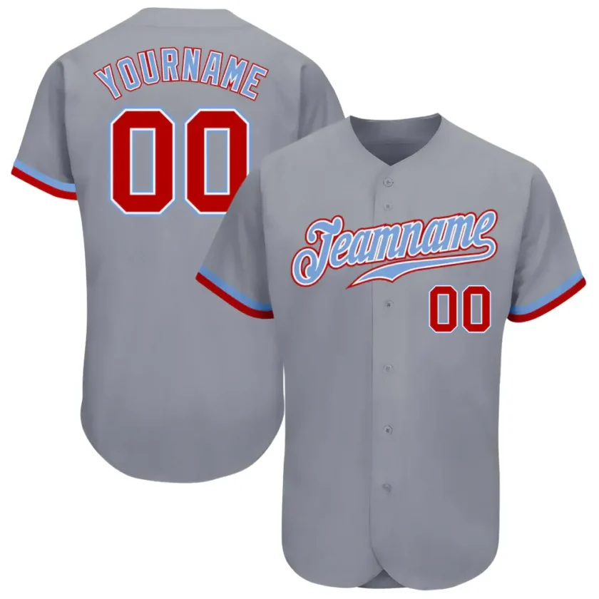 Custom Gray Baseball Jersey with Red White Light Blue