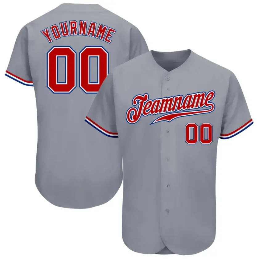 Custom Gray Baseball Jersey with Red White Royal