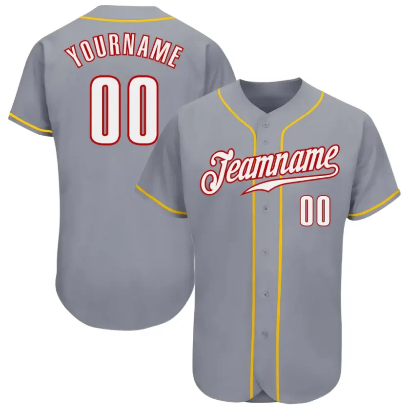 Custom Gray Baseball Jersey with White Red Gold