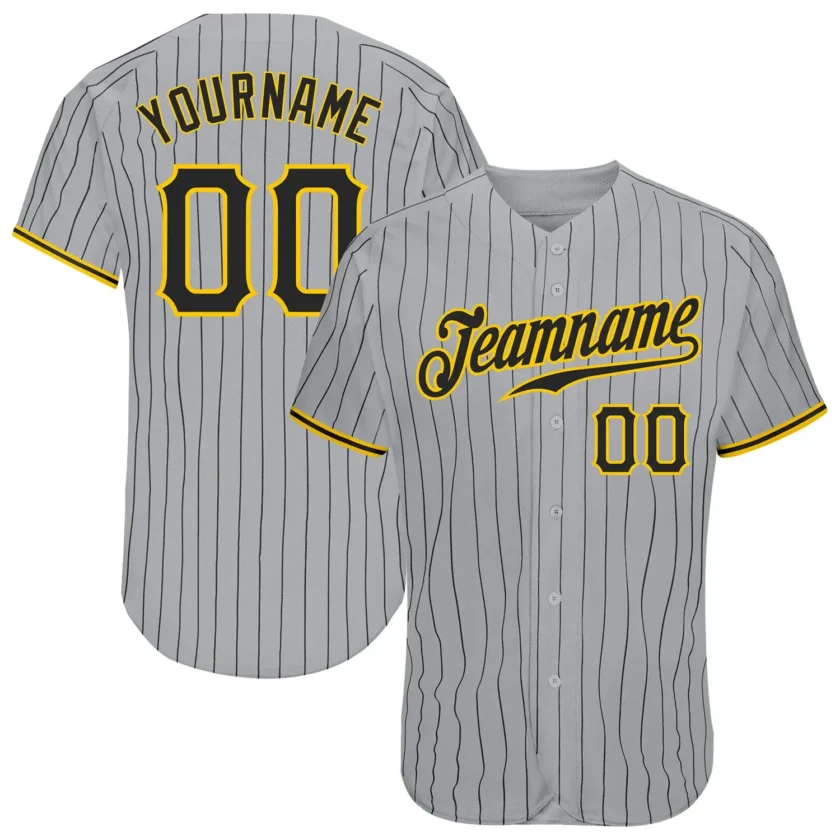 Custom Gray Black Pinstripe Baseball Jersey with Black Gold