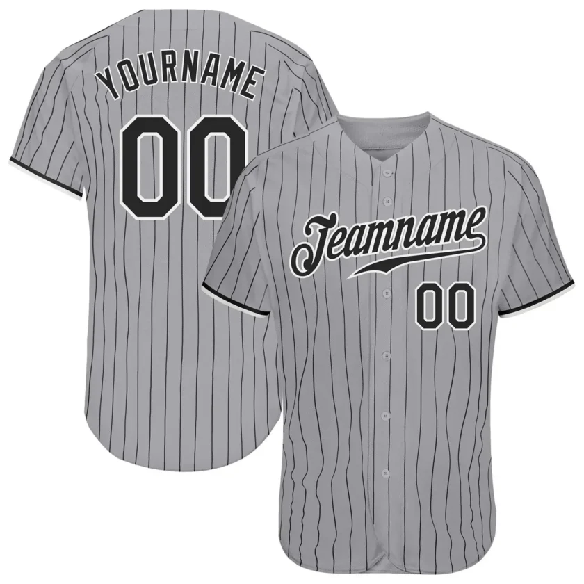 Custom Gray Black Pinstripe Baseball Jersey with Black White