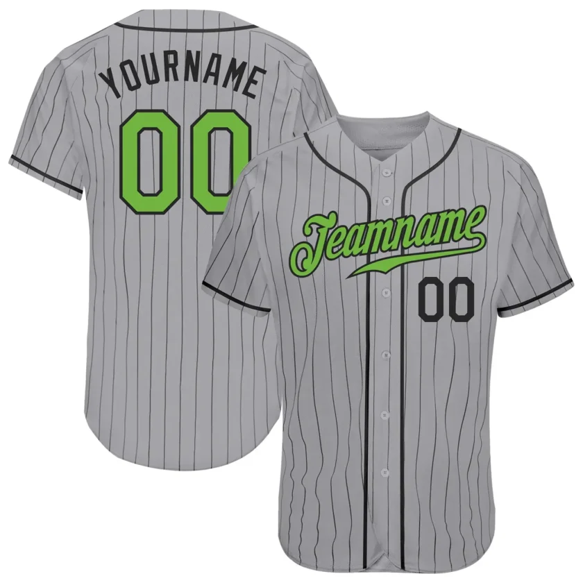 Custom Gray Black Pinstripe Baseball Jersey with Neon Green Black