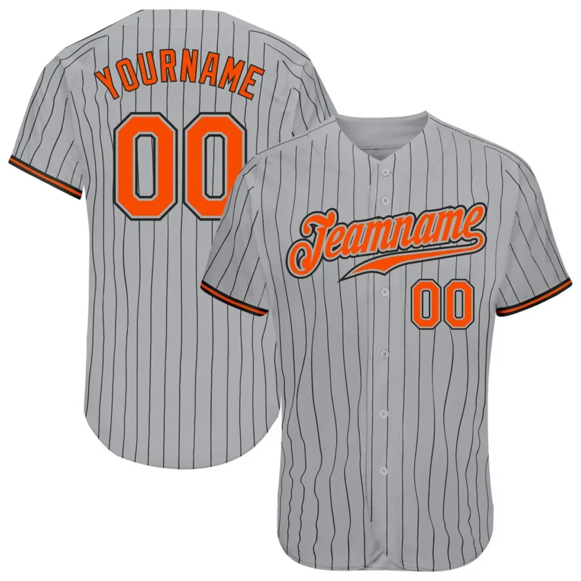 Custom Gray Black Pinstripe Baseball Jersey with Orange Black