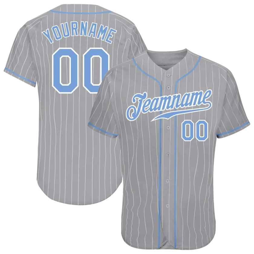 Custom Gray Pinstripe Baseball Jersey with Light Blue White