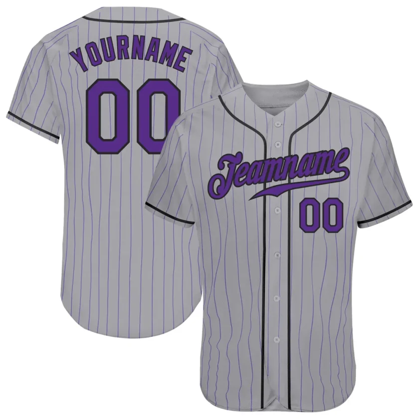 Custom Gray Purple Pinstripe Baseball Jersey with Purple Black