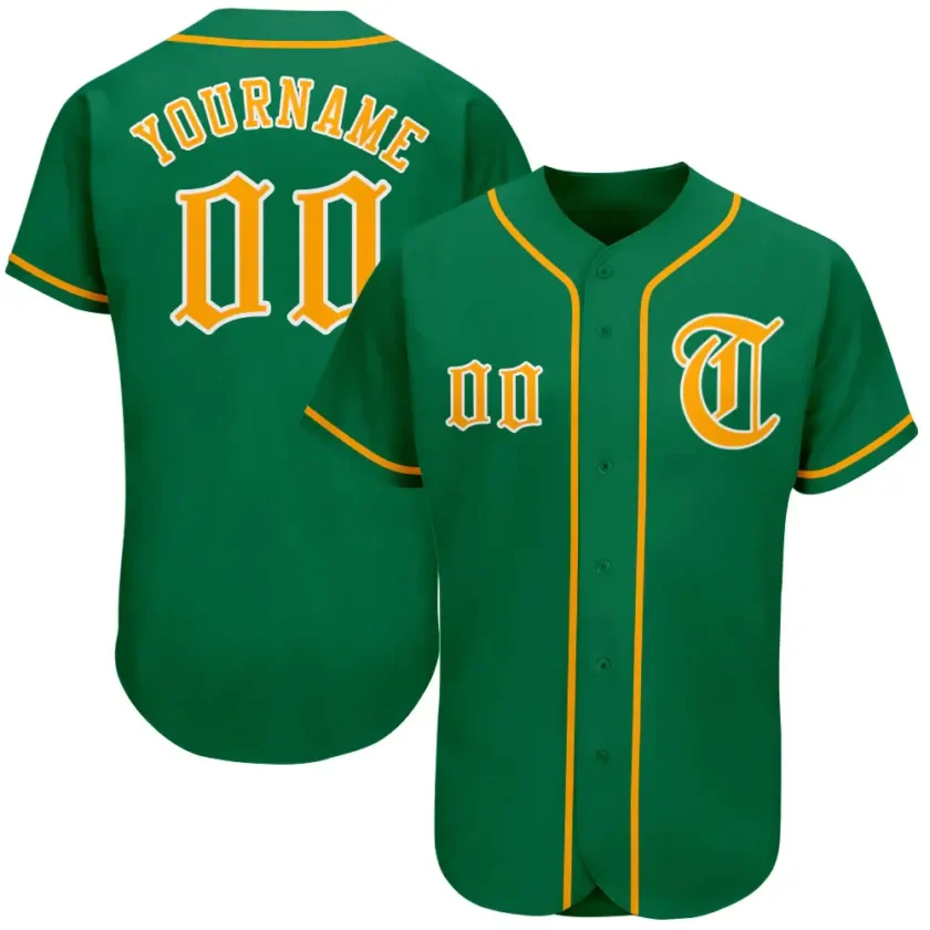 Custom Kelly Green Baseball Jersey with Gold White