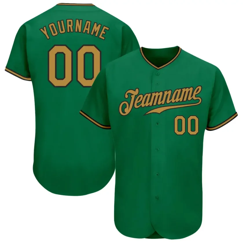 Custom Kelly Green Baseball Jersey with Old Gold Black 3