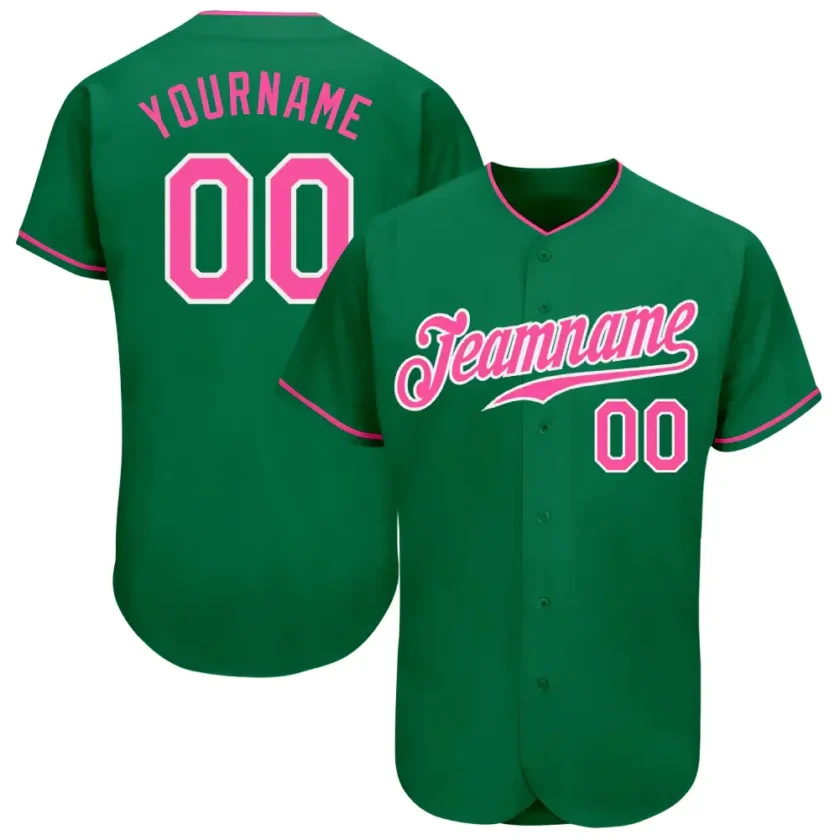 Custom Kelly Green Baseball Jersey with Pink White