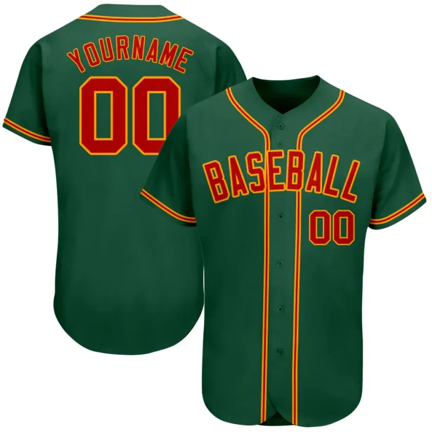 Custom Kelly Green Baseball Jersey with Red Gold 3