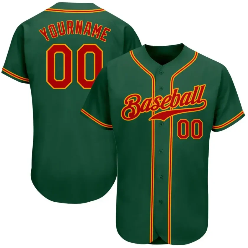 Custom Kelly Green Baseball Jersey with Red Gold