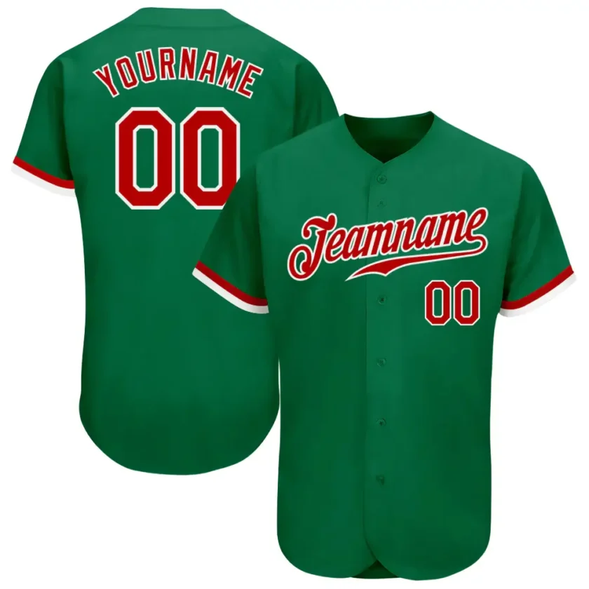 Custom Kelly Green Baseball Jersey with Red White