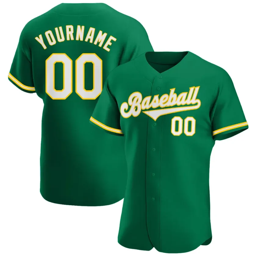 Custom Kelly Green Baseball Jersey with White Gold 3