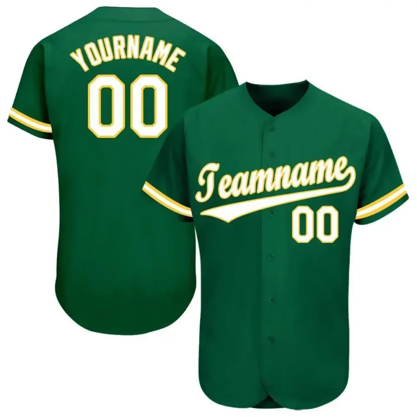 Custom Kelly Green Baseball Jersey with White Gold 4