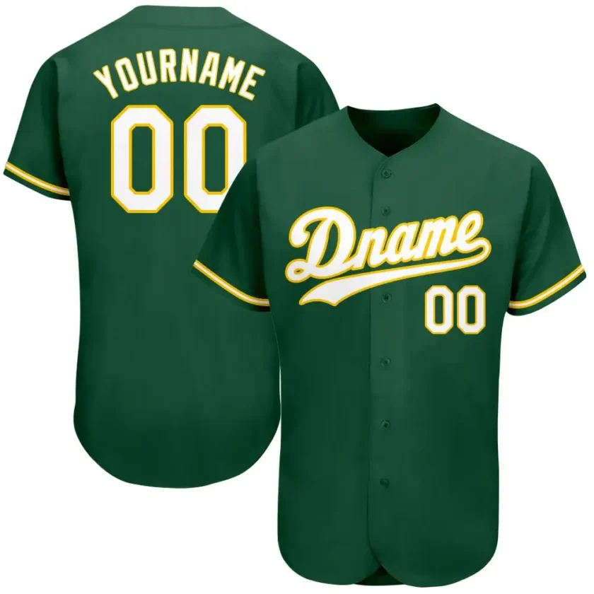 Custom Kelly Green Baseball Jersey with White Gold 5