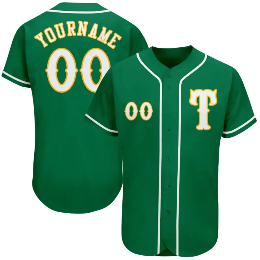 Custom Kelly Green Baseball Jersey with White Gold 6
