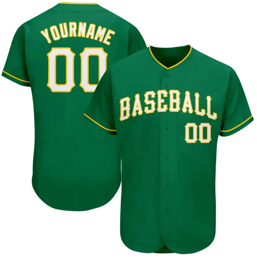 Custom Kelly Green Baseball Jersey with White Gold 7