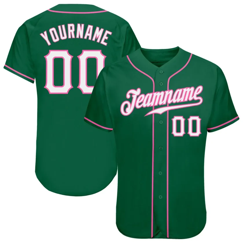 Custom Kelly Green Baseball Jersey with White Pink