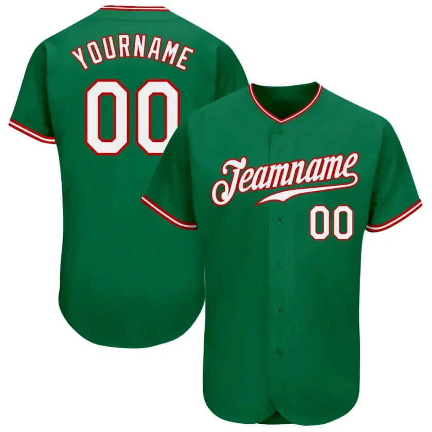 Custom Kelly Green Baseball Jersey with White Red