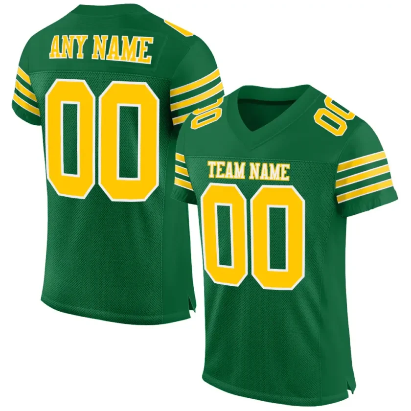 Custom Kelly Green Mesh Football Jersey with Gold 3 Stripes