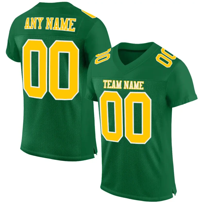 Custom Kelly Green Mesh Football Jersey with Gold
