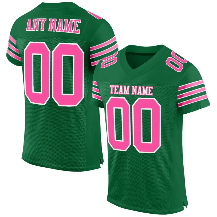 Custom Kelly Green Mesh Football Jersey with Pink 3 Stripes