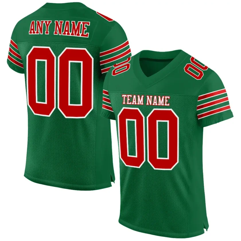Custom Kelly Green Mesh Football Jersey with Red 3 Stripes