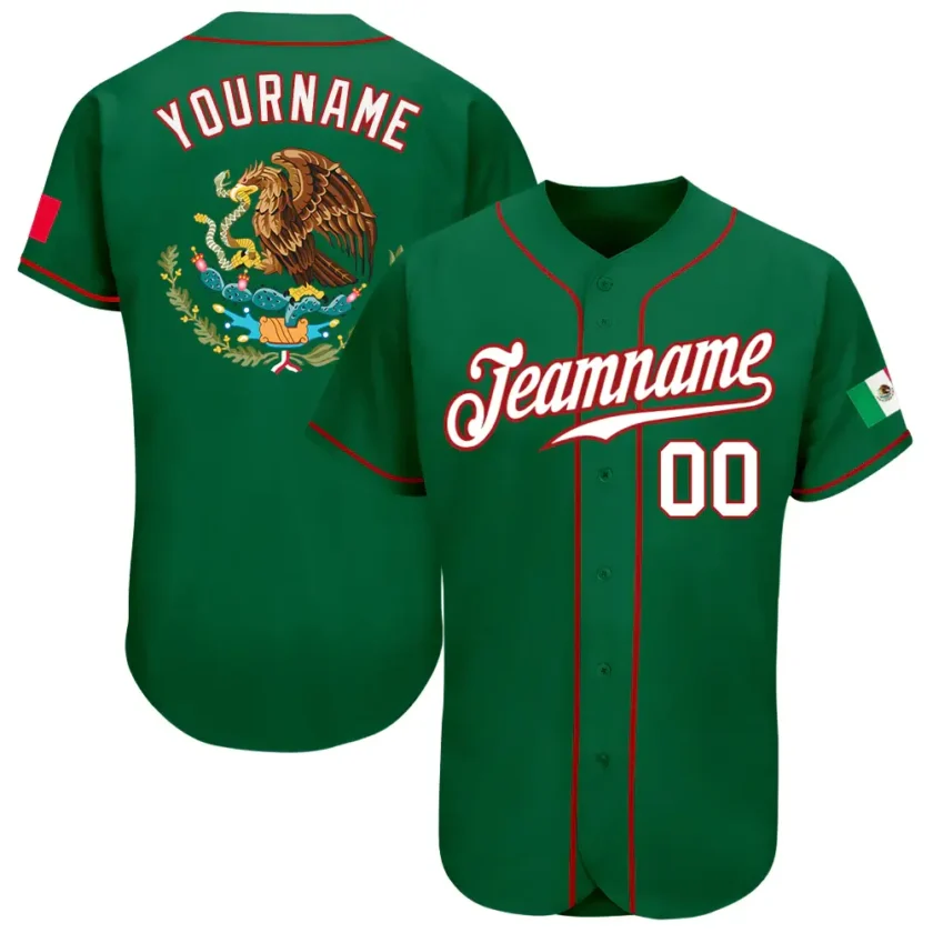 Custom Kelly Green Mexican Flag Fashion Baseball Jersey with White Red