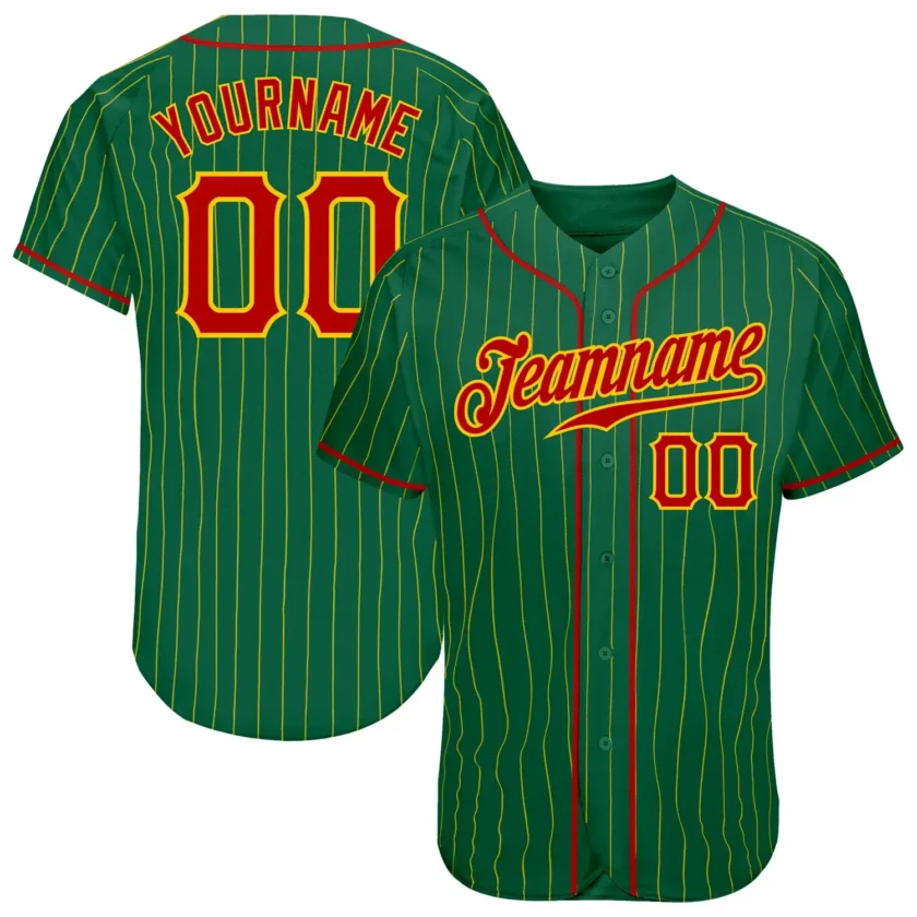 Custom Kelly Green Pinstripe Baseball Jersey with Red Gold