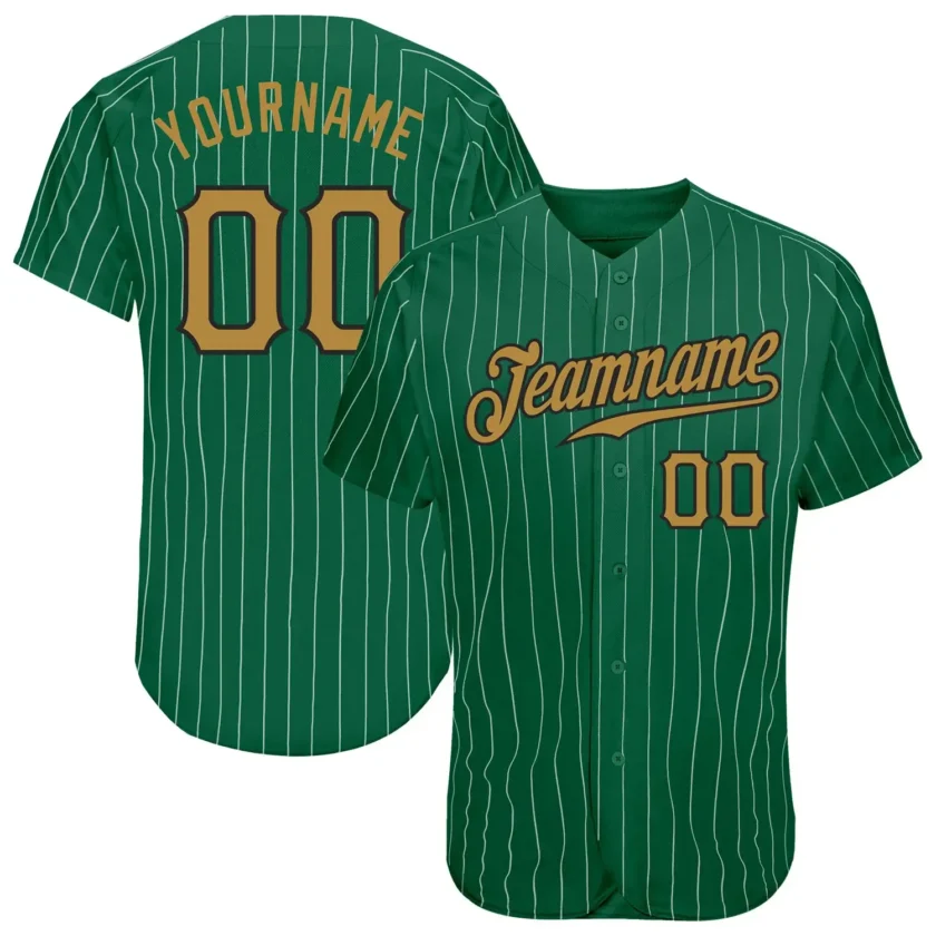 Custom Kelly Green White Pinstripe Baseball Jersey with Old Gold Black