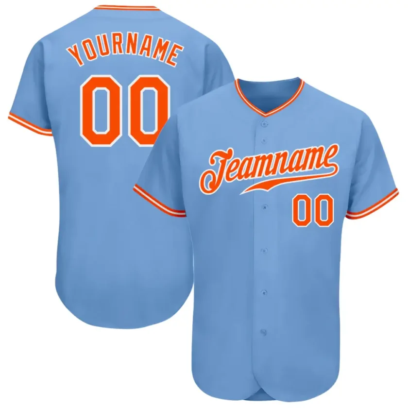 Custom Light Blue Baseball Jersey with Orange White