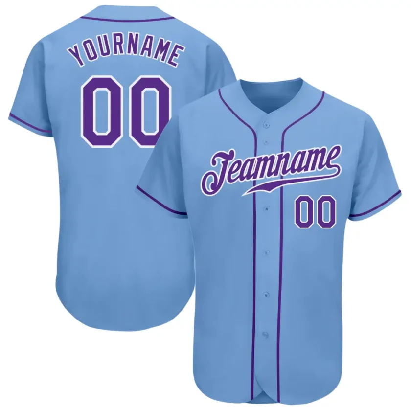 Custom Light Blue Baseball Jersey with Purple White