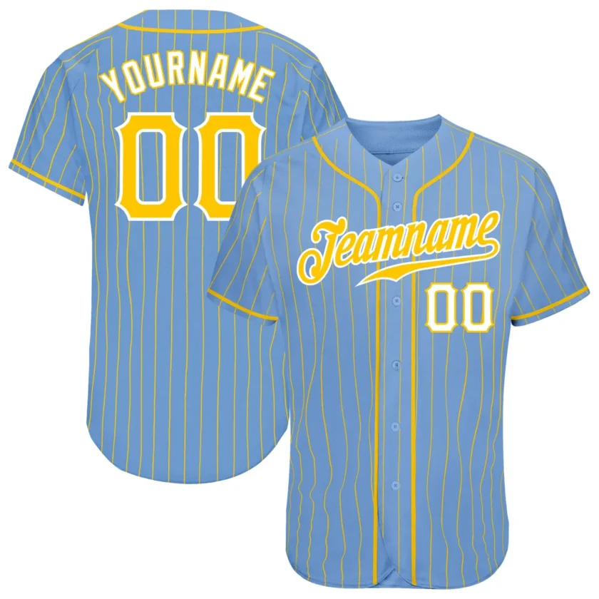 Custom Light Blue Pinstripe Baseball Jersey with Gold White