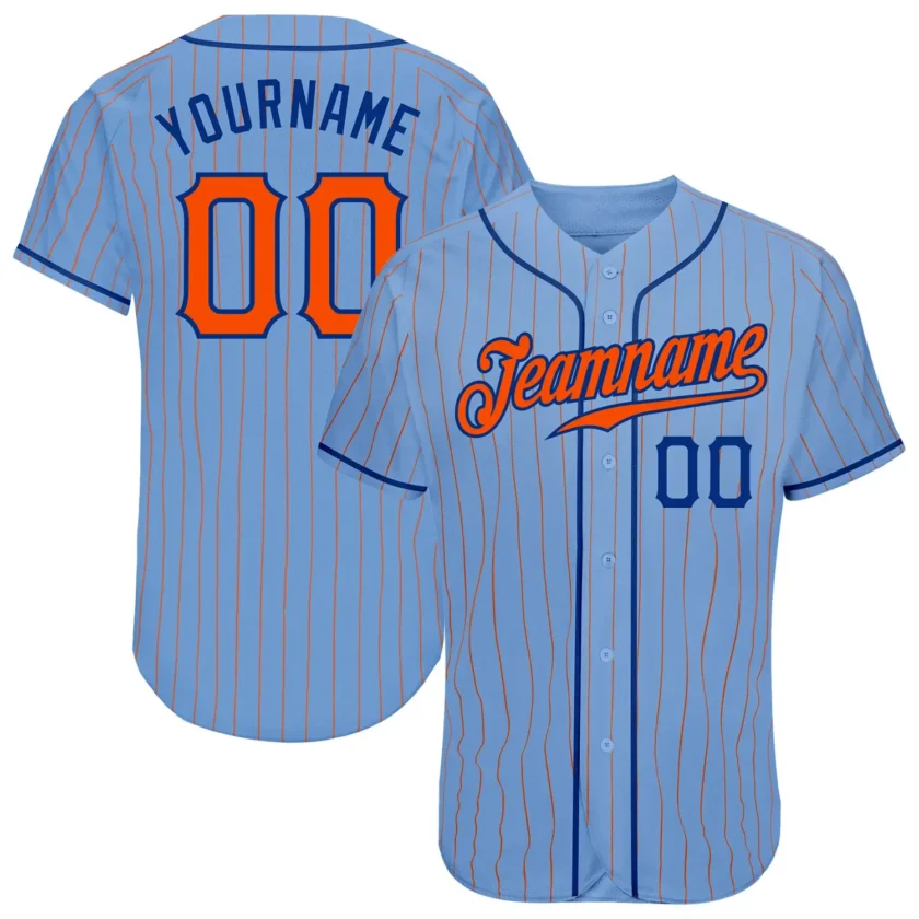 Custom Light Blue Pinstripe Baseball Jersey with Orange Royal