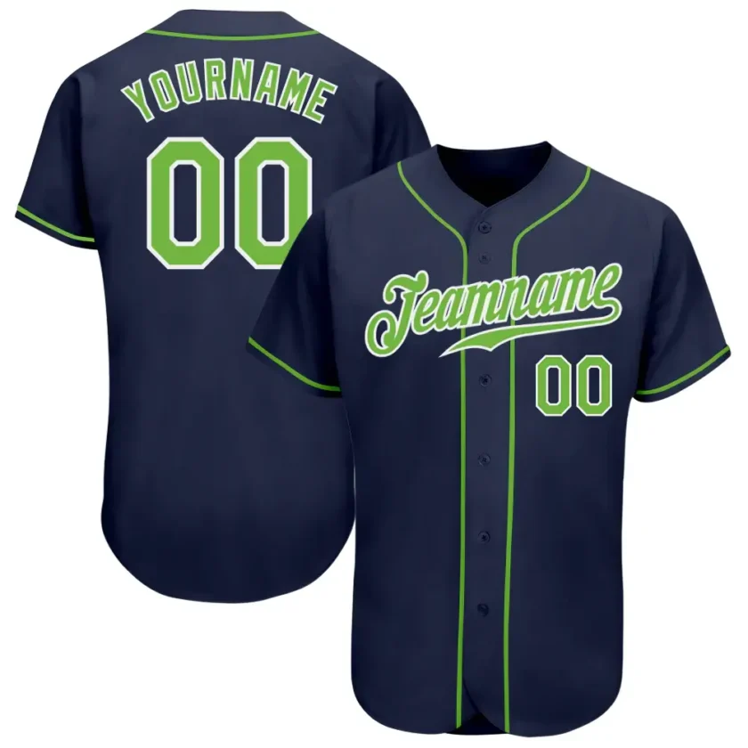 Custom Navy Baseball Jersey with Neon Green White 3
