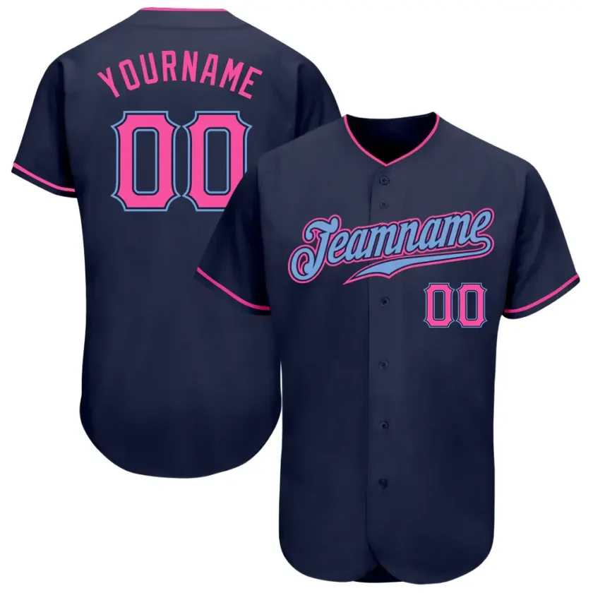 Custom Navy Baseball Jersey with Pink Light Blue