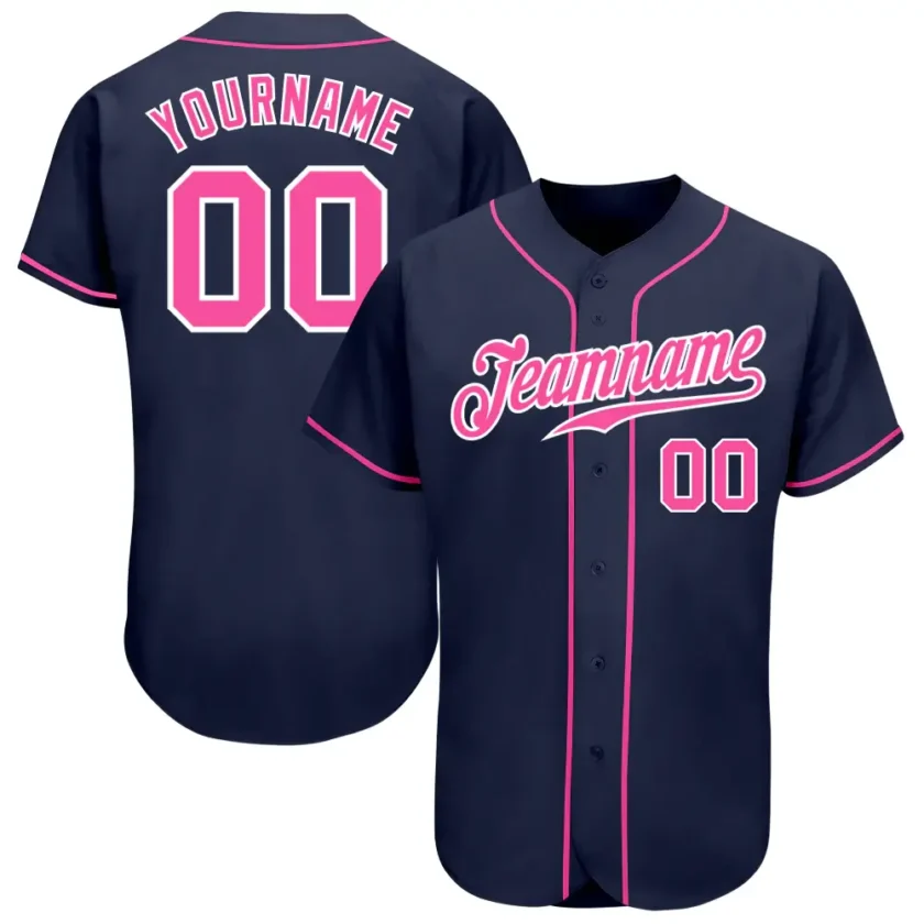 Custom Navy Baseball Jersey with Pink White