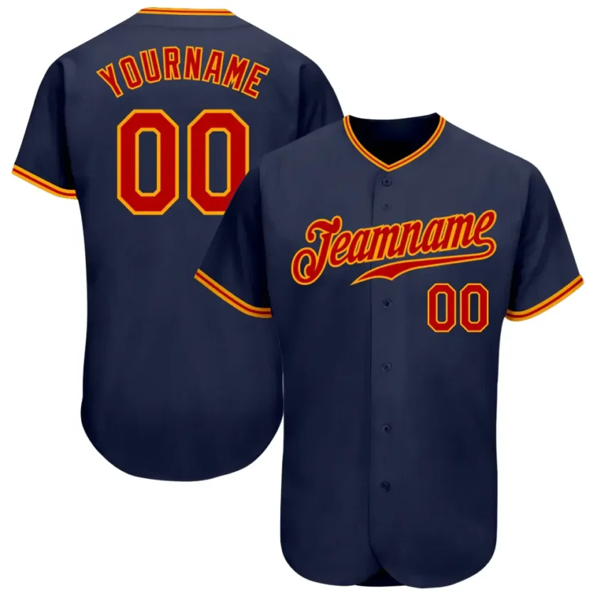 Custom Navy Baseball Jersey with Red Gold