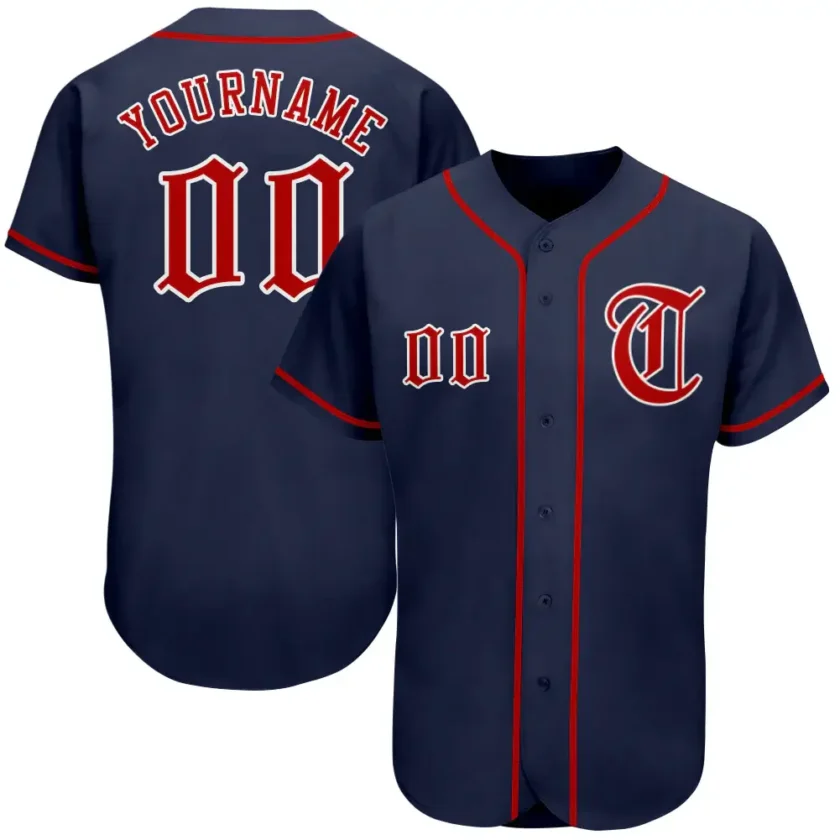 Custom Navy Baseball Jersey with Red White 9